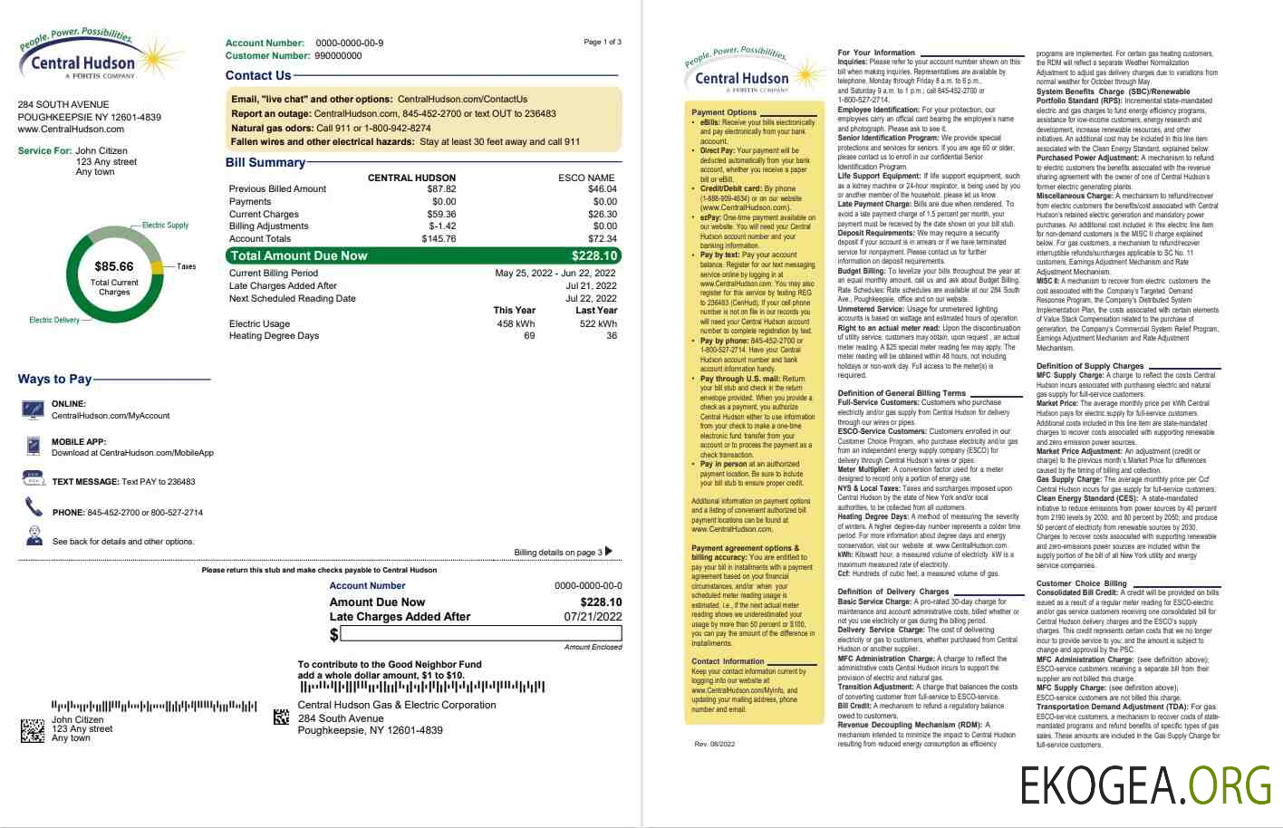 USA New York Central Hudson A fortis company utility bill, Word and PDF template, 3 pages 1 2